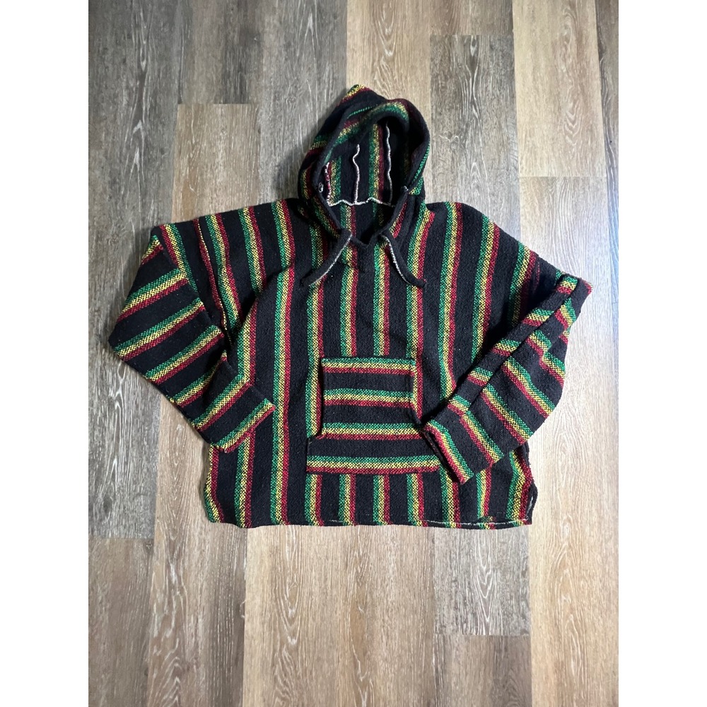 Baja Hoodie Unisex‎ Large Black Rasta Stripe Excellent Woven Pullover